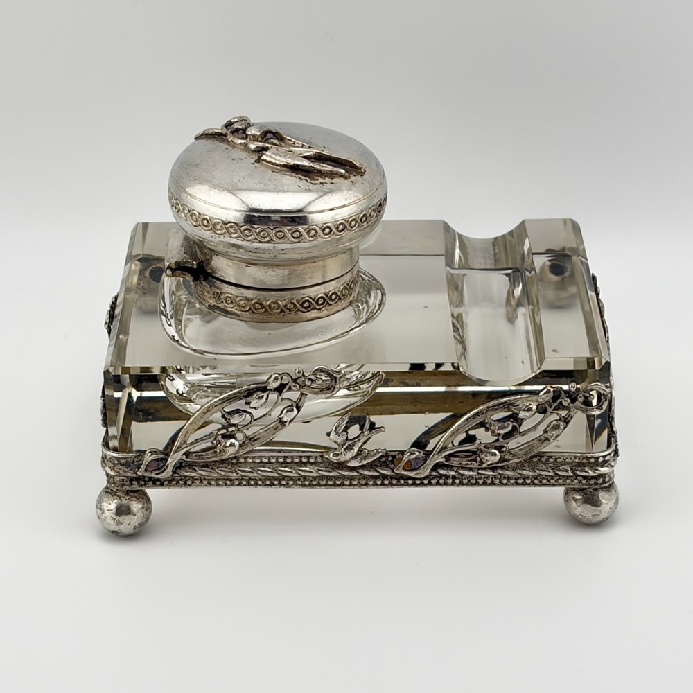 Antique Sterling Silver & Glass Inkwell “Art Nouveau Motif”